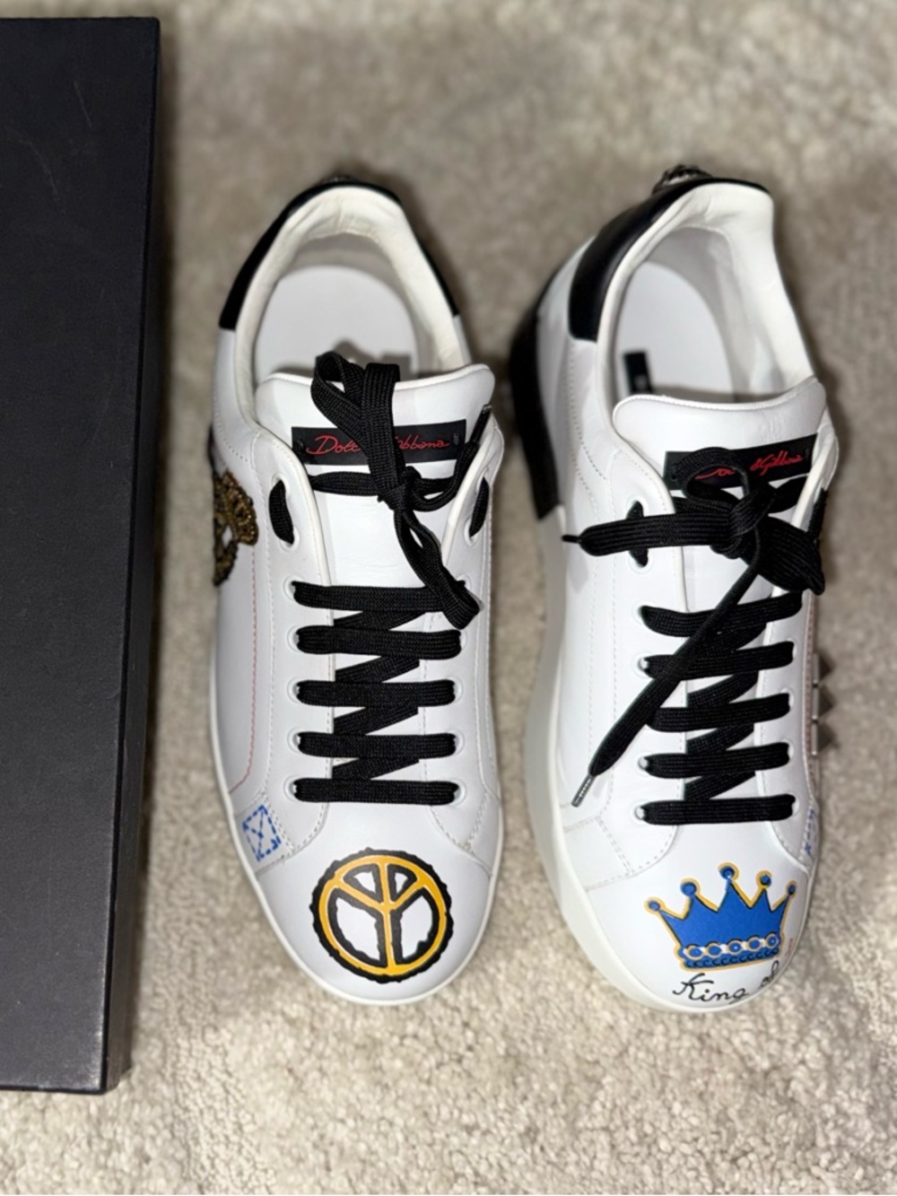 Dolce & Gabbana White Sneakers with Black Laces and Blue/Gold Accents